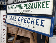 Load image into Gallery viewer, Lake Opechee Rustic Wood Coordinates Sign