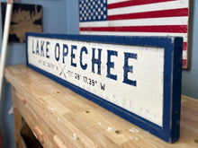 Load image into Gallery viewer, Lake Opechee Rustic Wood Coordinates Sign