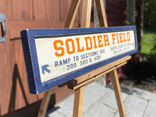 Load image into Gallery viewer, Large Soldier Field Wood Sign, Hand Painted Rustic Barn Board, Chicago Decor, Large Wood Sign, Handmade Wall Art