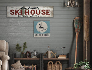 Unload Here Rustic Wood Ski Sign - Handmade Winter Decor, Ski Lodge Decoration, Vintage Winter Sports Gift