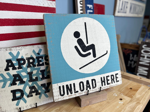 Unload Here Rustic Wood Ski Sign - Handmade Winter Decor, Ski Lodge Decoration, Vintage Winter Sports Gift