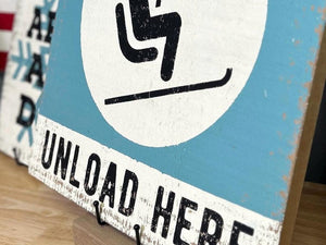 Unload Here Rustic Wood Ski Sign - Handmade Winter Decor, Ski Lodge Decoration, Vintage Winter Sports Gift
