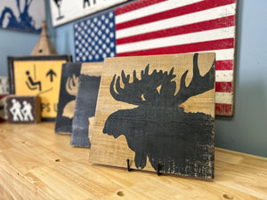Bear and Moose Rustic Wood Set, Hand Painted on Barnboard, Nursery Decor, Woodland Nursery, Nursery Art