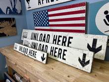 Load image into Gallery viewer, Wooden Ski Lift Sign - Rustic Winter Cabin &amp; Lodge Decor, Handmade Winter Wall Art, Unload Here Ski Cabin Sign