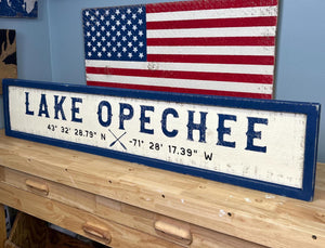 Lake Opechee Rustic Wood Coordinates Sign